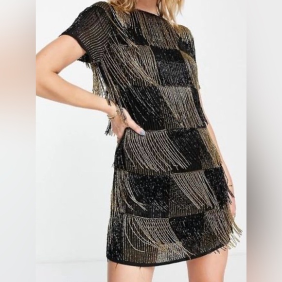 ASOS Dresses & Skirts - NWT ASOS design very heavy Black and Gold Fringe Dress size 12